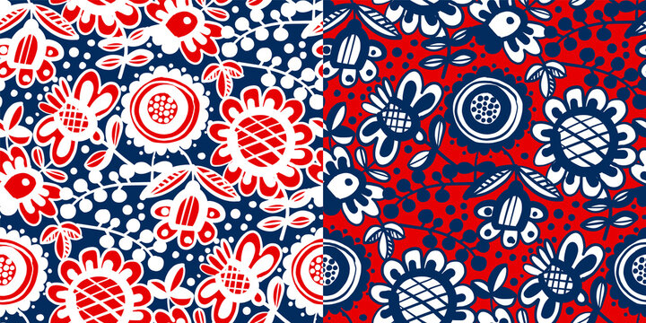 Vivid red and blue floral seamless pattern
