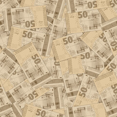 Economic seamless pattern. European Union stylistic paper money. 50 euro banknotes scattered at random