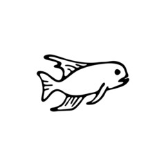Doodle sea fish. Inhabitant of the coral reef. Animal of the ocean, seabed, aquarium. Hand drawn thin line art vector illustration. Isolated simple element.