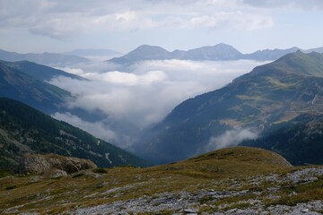 Beautiful mountain view above clouds during hiking on peak Djeravica (Gjerovica) - the highest peak of Kosovo. Albanian Alps, Peaks of Balkans