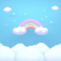 Obraz premium 3d rendered cartoon rainbow, stars, and white clouds in the blue sky.