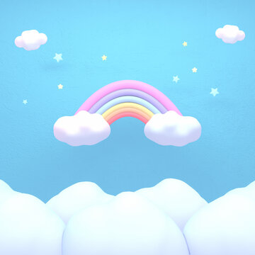 3d rendered cartoon rainbow, stars, and white clouds in the blue sky.