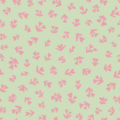 Cute heart shaped ditsy flowers seamless repeat pattern. Random placed, pink vector botanical millefleurs with leaves all over surface print on sage green background.