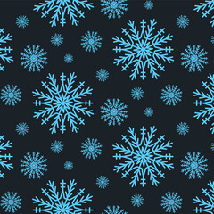 Fototapeta na wymiar Cute Christmas seamless pattern with snowflakes isolated on dark background. Happy new year wallpaper and wrapper for seasonal design, textile, decoration, greeting card. Hand drawn prints and doodle.