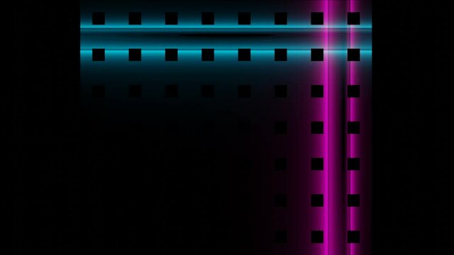 A purple and blue stripe glowing with neon light moves along a sheet of metal with square holes. looped animated background. 3d render
