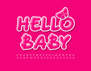 Vector Playful Emblem Hello Baby 
with decorative Butterfly. Handwritten Pink Font. Children Alphabet Letters and Numbers set