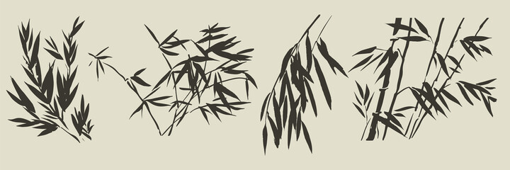 Asian bamboo leaves elements silhouette - 470279156