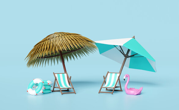 summer travel with beach chair,palm leaf,umbrella,lifebuoy,Inflatable flamingo isolated on blue background.shopping summer sale concept, 3d illustration or 3d render