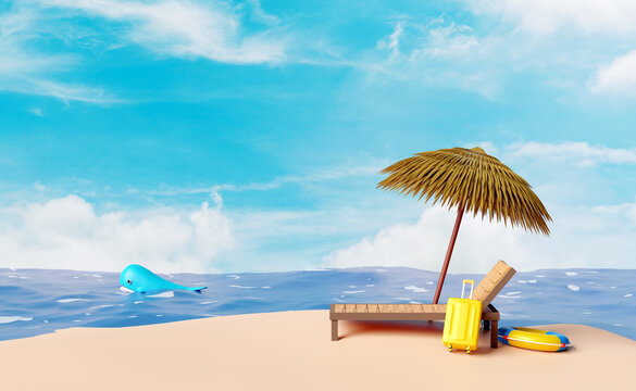 beach chair with umbrella,palm tree,lifebuoy,seaside,whale,suitcase isolated on blue sky background.summer travel concept,3d illustration or 3d render