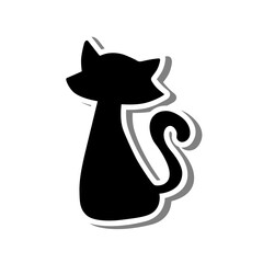 Black cat silhouette. Doodle on white silhouette and gray shadow. Hand drawn cartoon style. Vector illustration for decorate and any design.