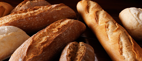 Different types of baked bread lie on a dark wooden table. Angle view. Selective focusing.
