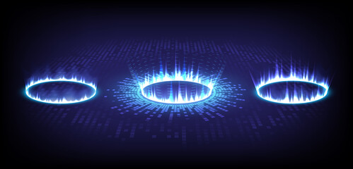 Sci-fi stage high-tech collection in glowing HUD. Hologram portal of science futuristic. Magic warp gate in game fantasy. 3D Music sound wave. Circle teleport podium. GUI, UI virtual reality users