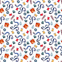 Watercolor seamless pattern with a set of accessories for embroidery and sewing
