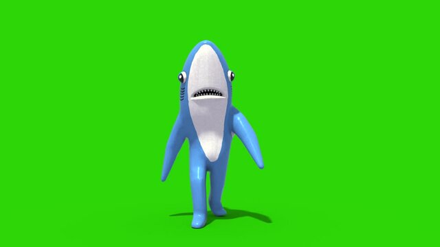Mr Shark Baby Shark Green Screen Walks Front Kids 3D Rendering Animation