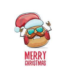 vector rock star Santa potato funny cartoon cute character with red Santa hat and calligraphic merry Christmas text isolated on white background. rock n roll Christmas party poster
