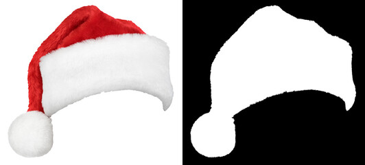 Santa Claus or christmas red hat isolated on white background with high qulity clipping mask (alpha channel) for quick isolation. Easy to selection object. - obrazy, fototapety, plakaty