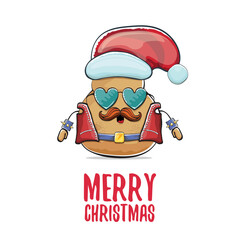 vector rock star Santa potato funny cartoon cute character with red Santa hat and calligraphic merry Christmas text isolated on white background. rock n roll Christmas party poster