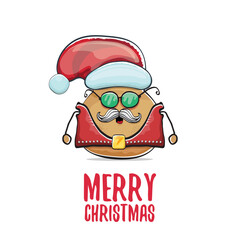vector rock star Santa potato funny cartoon cute character with red Santa hat and calligraphic merry Christmas text isolated on white background. rock n roll Christmas party poster