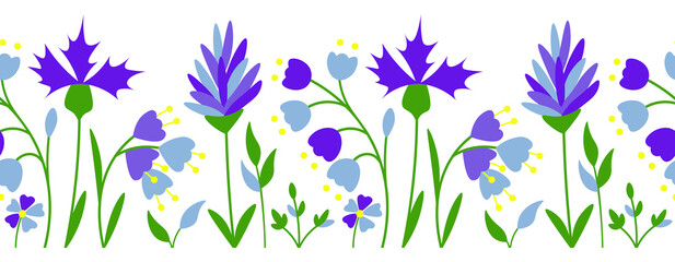 Flower field blue cartoon seamless floral illustrations
