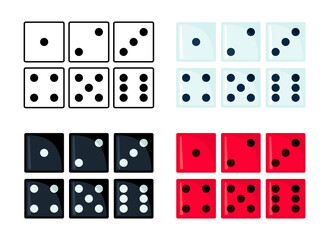 Set of dice icons in four different colors.