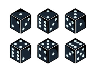 Set of isometric black dices with white dots from different sides view.