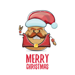 vector rock star Santa potato funny cartoon cute character with red Santa hat and calligraphic merry Christmas text isolated on white background. rock n roll Christmas party poster