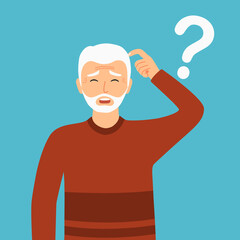 Forgetful man holding hand to his head in flat design. Forgetfulness. Senior old man has Alzheimer’s disease.