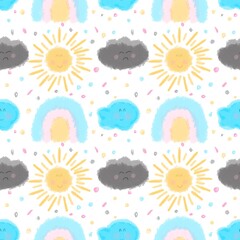 Children's seamless pattern.  Cloud, sun, cloud, rainbow and multi-colored rain on a white background, suitable for fabric design.