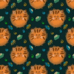 Seamless pattern, cute tiger faces, flowers on a dark background, suitable for fashion design