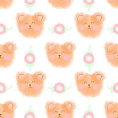 Cute seamless pattern, watercolor teddy bear surrounded by delicate roses, child's drawing.  Suitable for the design of fabrics, wallpapers, wrapping paper, covers