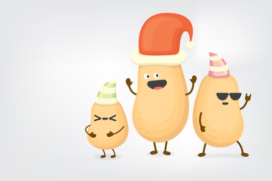 vector three friends kids potato characters with santa hats having fun isolated on grey background. Merry Christmas vector illustration. funky kids potato with friends. Christmas party concept