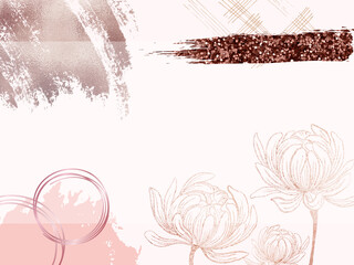 Oriental banner border frame  template greeting design rose gold chrysanthemum flower outline glitter sparkle and splash