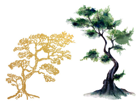 Ancient vintage forest tree garden and golden tree by hand drawing painting element arrangement