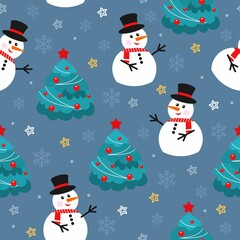 Seamless background with snowman’s and сhristmas tree.  Seamless Christmas pattern. Design for wrapping, fabric, print. Vector illustration.