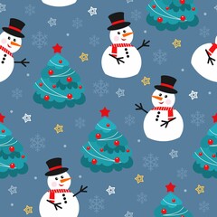 Seamless background with snowman’s and сhristmas tree.  Seamless Christmas pattern. Design for wrapping, fabric, print. Vector illustration.