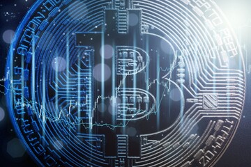 Coin and Bitcoin in background. Cryptocurrency. High Tech Crypto concept.