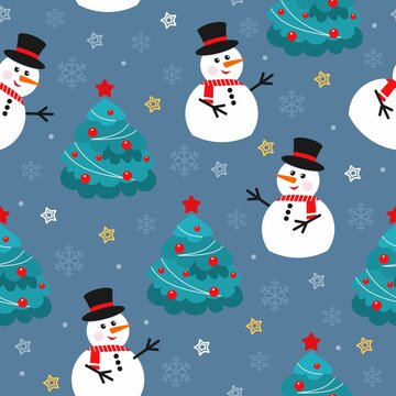 Seamless background with snowman&rsquo;s and сhristmas tree.  Seamless Christmas pattern. Design for wrapping, fabric, print. Vector illustration.