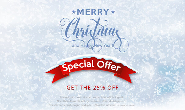 Christmas and New Year sale on winter background with snow and snowflakes. Special offer, Christmas sale, up to 25% off text in snow pattern background for shopping promotion. Vector illustration.