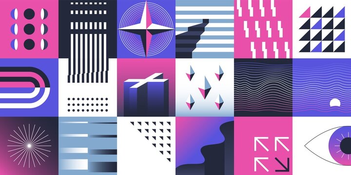Abstract contemporary geometry. Minimalistic modern swiss pattern of primitive basic brutalism shapes, colorful trendy ornament. Vector neo geo forms set