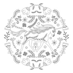 Naklejka premium Coloring book page with unicorn and floral motifs. Antistress coloring book page.