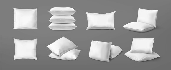 Realistic bed cushion. White bed pillows for bedroom interior, top and bottom view of cotton feather pillows, stack and piles. Vector isolated set