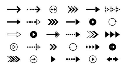 Black arrow icons. Interface back forward left right up and down direction symbols, web and application navigation collection. Vector orientation pointer and logo set