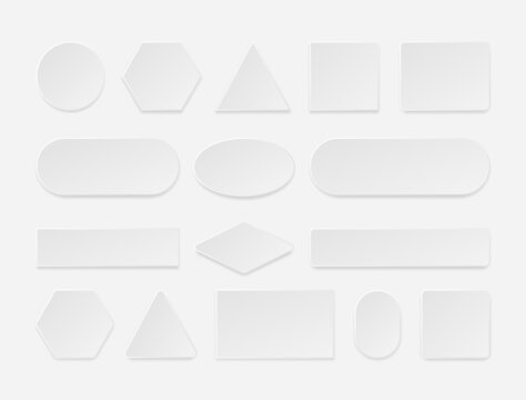 Realistic web button. 3D white square rectangular round flat web forms and tags with shadows, paper and plastic blank interface element. Vector empty frame set