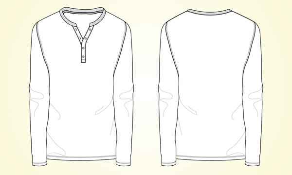 Long sleeve with round style coller basic t shirt technical fashion flat sketch vector template. Cotton jersey apparel design mockup front, back views isolated on white background. Men unisex cad.