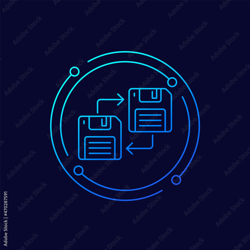 Poster backup line icon with a floppy disk, vector