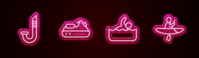 Set line Snorkel, Jet ski, Swimmer and Kayak and paddle. Glowing neon icon. Vector