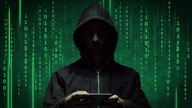 Portrait of computer hacker in hoodie. Obscured dark face. Data thief, internet fraud, darknet and cyber security.