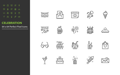 set of celebration line icons, party, new year