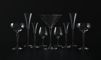 Lots of wine glasses of different shapes. Dark background. 3d rendering