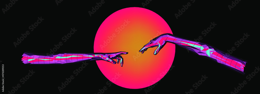 Poster vector 3d model of hands going to touch together, reminiscent of michelangelo's artwork. cyberpunk a